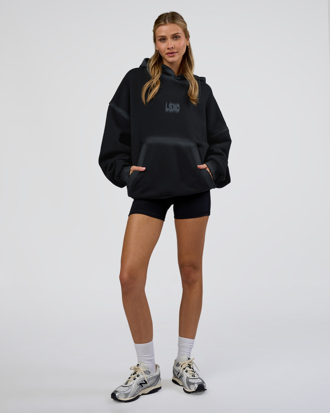 Woman wearing Urban Blur Unisex Oversized Hoodie - Black-Dark Storm | Model:Leilani | Size:XS - view 8