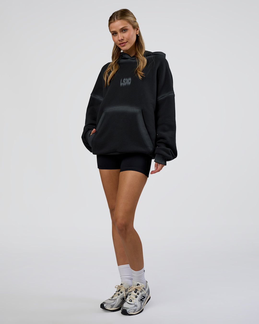 Woman wearing Urban Blur Unisex Oversized Hoodie - Black-Dark Storm | Model:Leilani | Size:XS - view 11