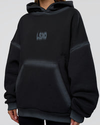 Woman wearing Urban Blur Unisex Oversized Hoodie - Black-Dark Storm | Model:Leilani | Size:XS | Thumbnail Index: 11