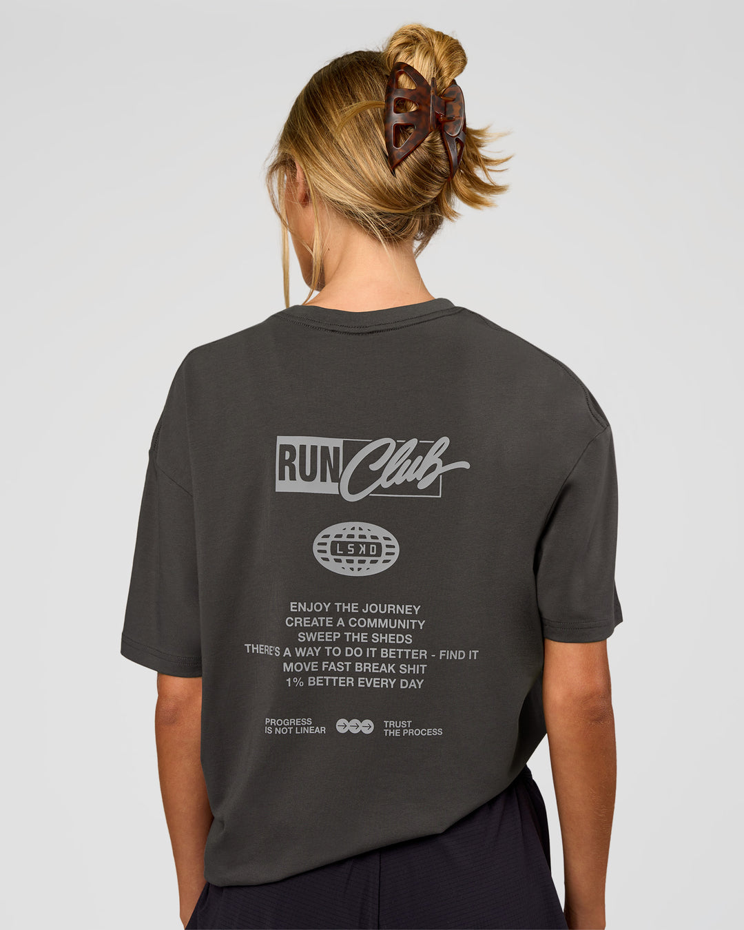 Woman wearing Values Run Club FLXCotton Tee - Dark Storm-Alloy | Model:Georgia | Size:XS - view 5