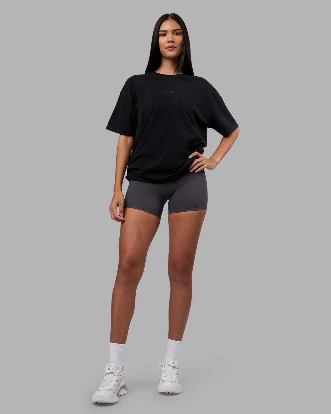 Woman wearing Variation Heavyweight FLXCotton Oversized Tee - Black-Black | Model:Rhiley | Size:XS - view 11