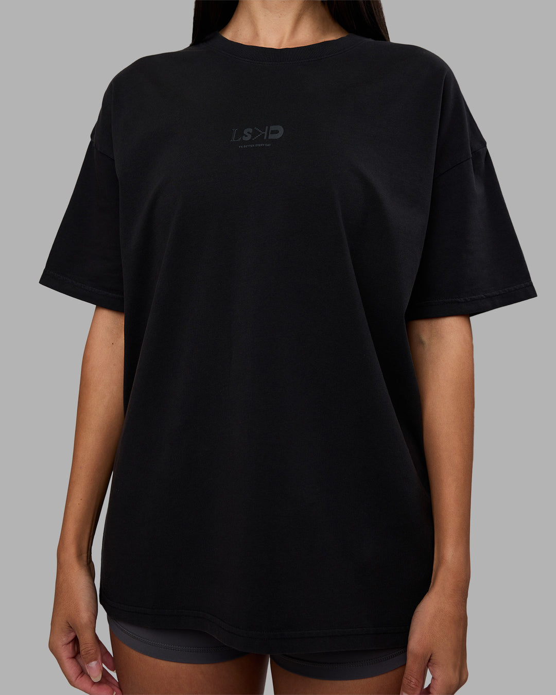 Woman wearing Variation Heavyweight FLXCotton Oversized Tee - Black-Black | Model:Rhiley | Size:XS - view 10