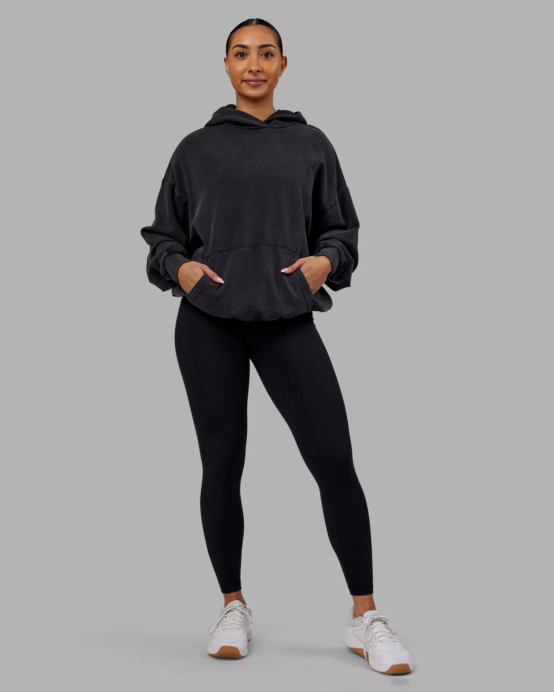 Woman wearing Variation Washed Oversized Hoodie - Black-Black | Model:Ayla | Size:XS - view 6