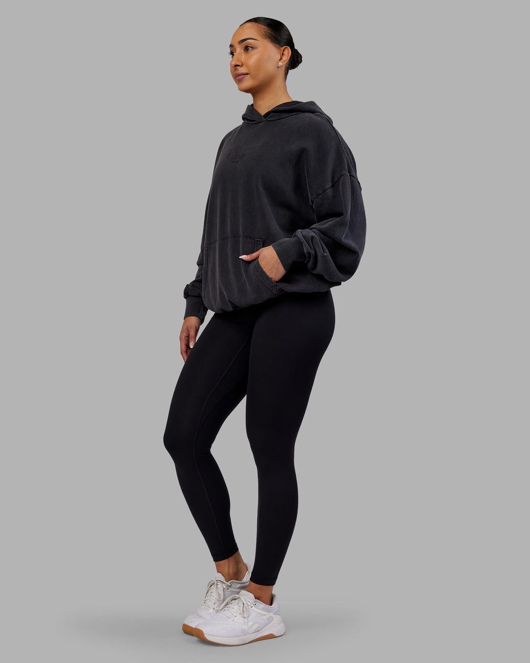 Woman wearing Variation Washed Oversized Hoodie - Black-Black | Model:Ayla | Size:XS - view 9