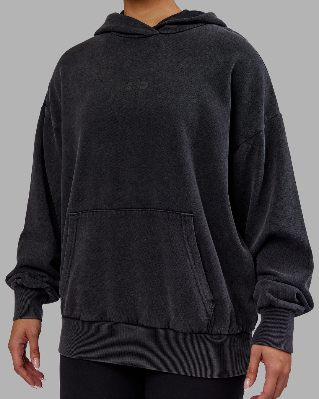 Woman wearing Variation Washed Oversized Hoodie - Black-Black | Model:Ayla | Size:XS - view 10
