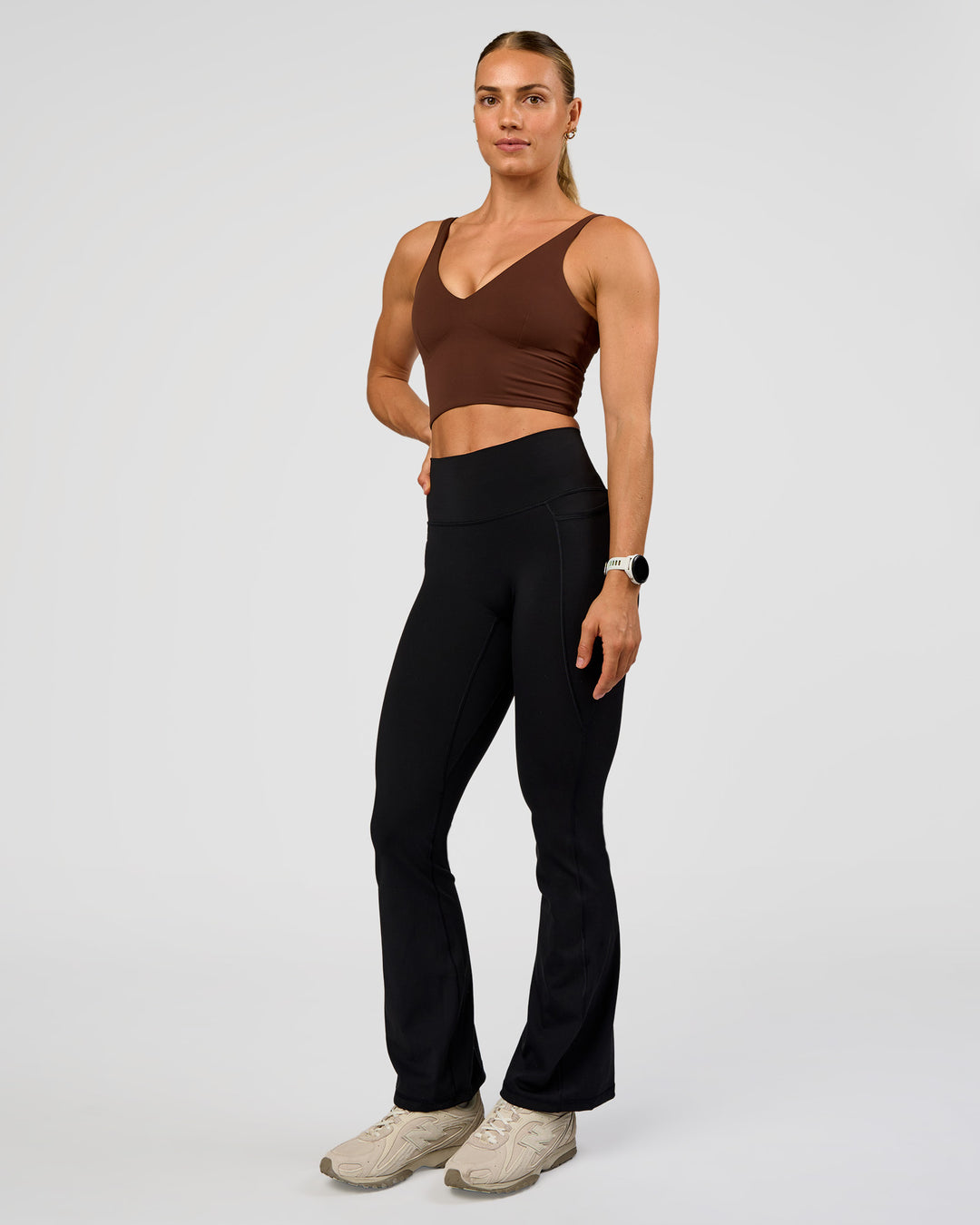 Woman wearing Vitality Long Line Sports Bra - Hot Chocolate | Model:Maja | Size:XS - view 5