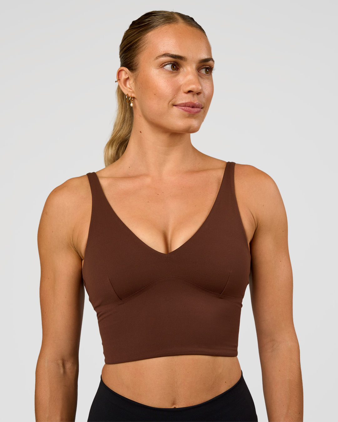 Woman wearing Vitality Long Line Sports Bra - Hot Chocolate | Model:Maja | Size:XS - view 2