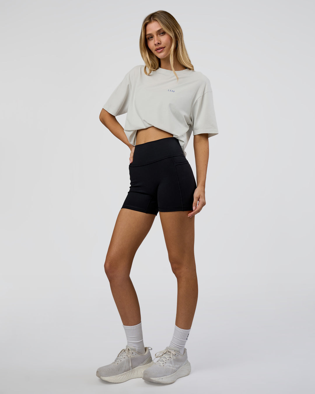 Woman wearing We Love This  FLXCotton Oversized Tee - Digital Mist Washed-Electric Indigo | Model:Leilani | Size:XS - view 9