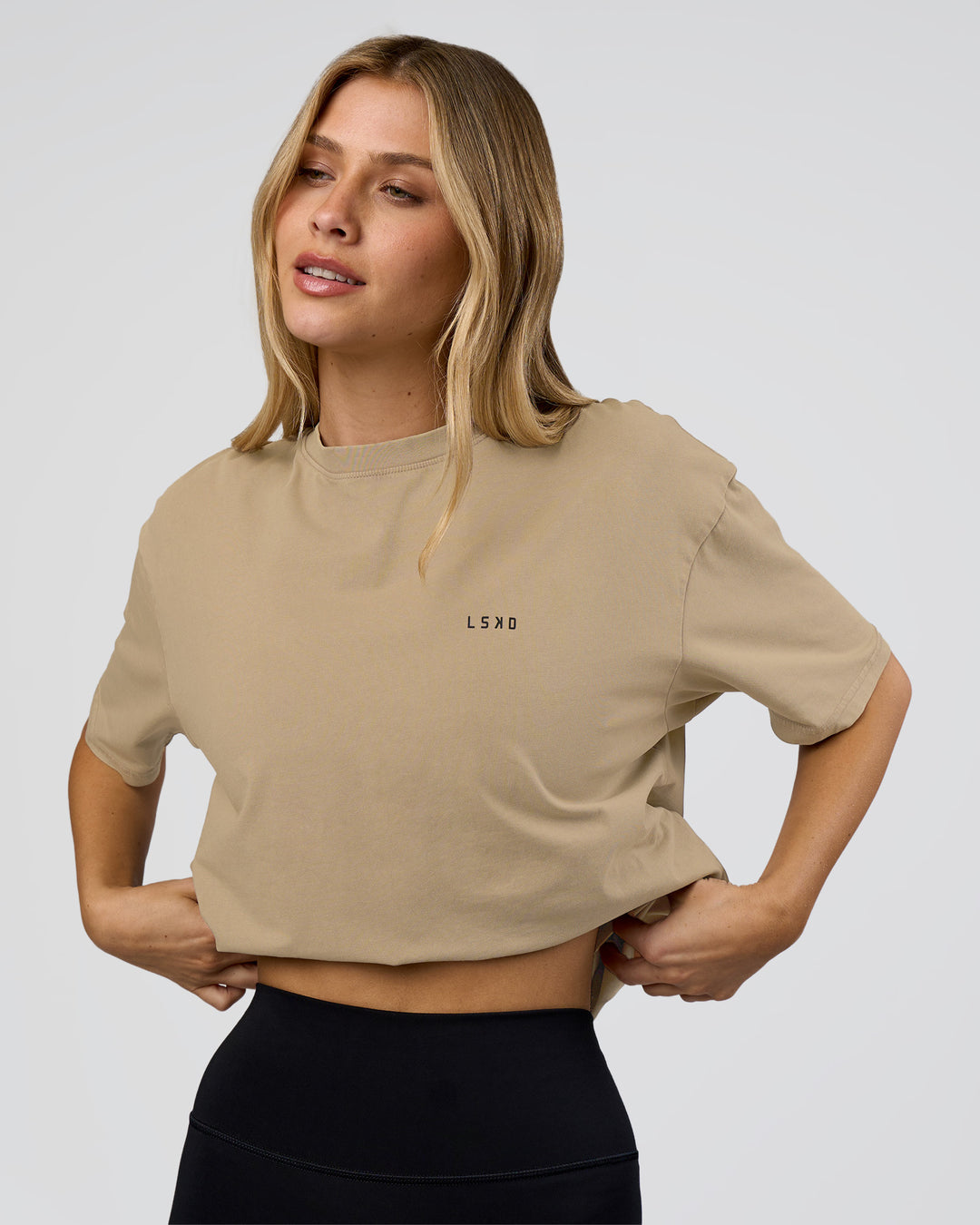 Woman wearing We Love This  FLXCotton Oversized Tee - Greige Washed-Black | Model:Leilani | Size:XS - view 4