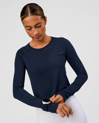 Woman wearing AeroFLX+ Seamless Long Sleeve Skimmer Tee - Future Navy/Future Navy | Model:Charli | Size:XS | Thumbnail Index: 6