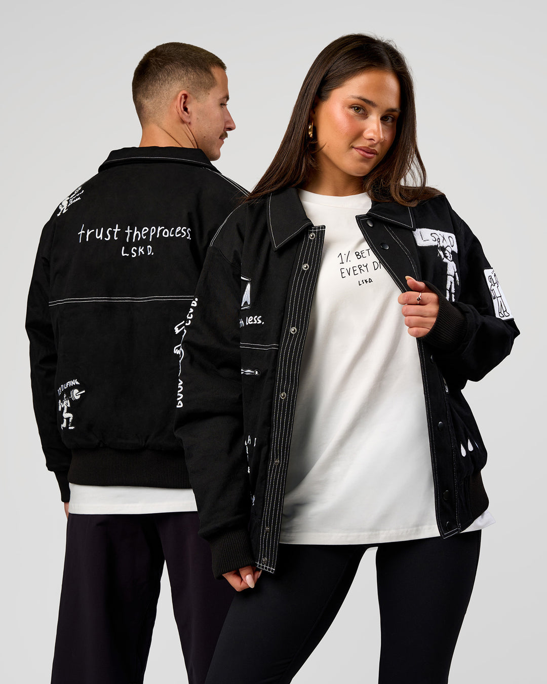Duo wearing Andrew J. Steel x LSKD Bomber Jacket - Black | Model:Jaiden | Size:L | Model:Bianca | Size:S - view 1
