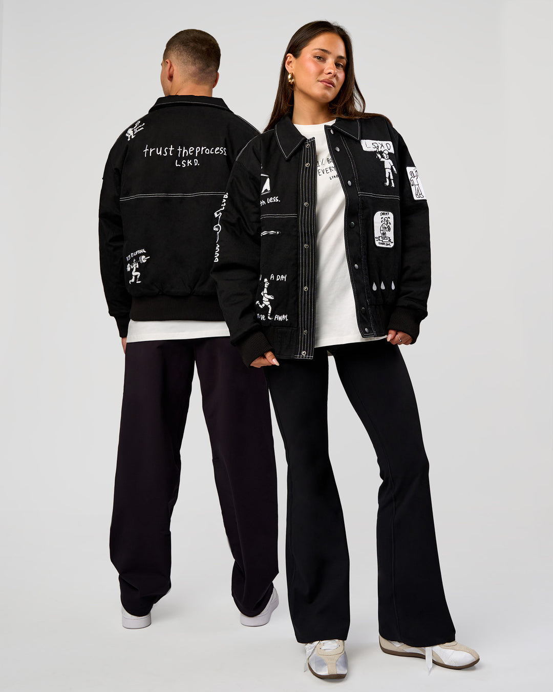 Duo wearing Andrew J. Steel x LSKD Bomber Jacket - Black | Model:Jaiden | Size:L | Model:Bianca | Size:S - view 8