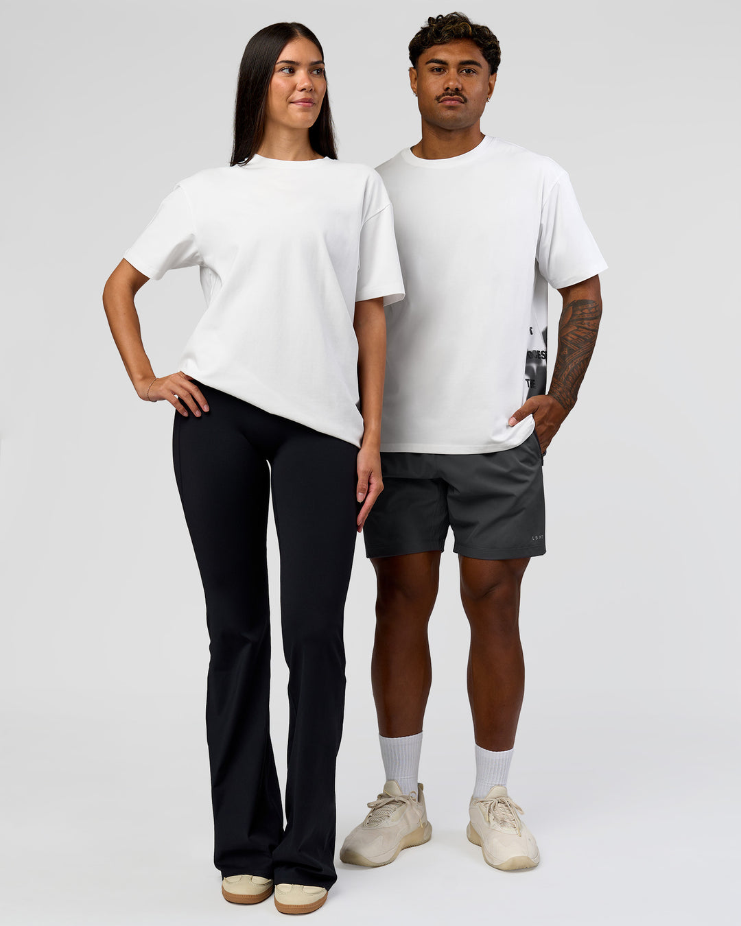 Duo wearing Clear Vision Heavyweight FLXCotton Oversized Tee - White-Black | Model:Xav | Size:L | Model:Rhiley | Size:XS - view 7