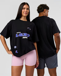 Duo wearing League Heavyweight FLXCotton Oversized Tee - Black-Power Cobalt | Model:Xav | Size:L | Model:Rhiley | Size:XS | Thumbnail Index: 0