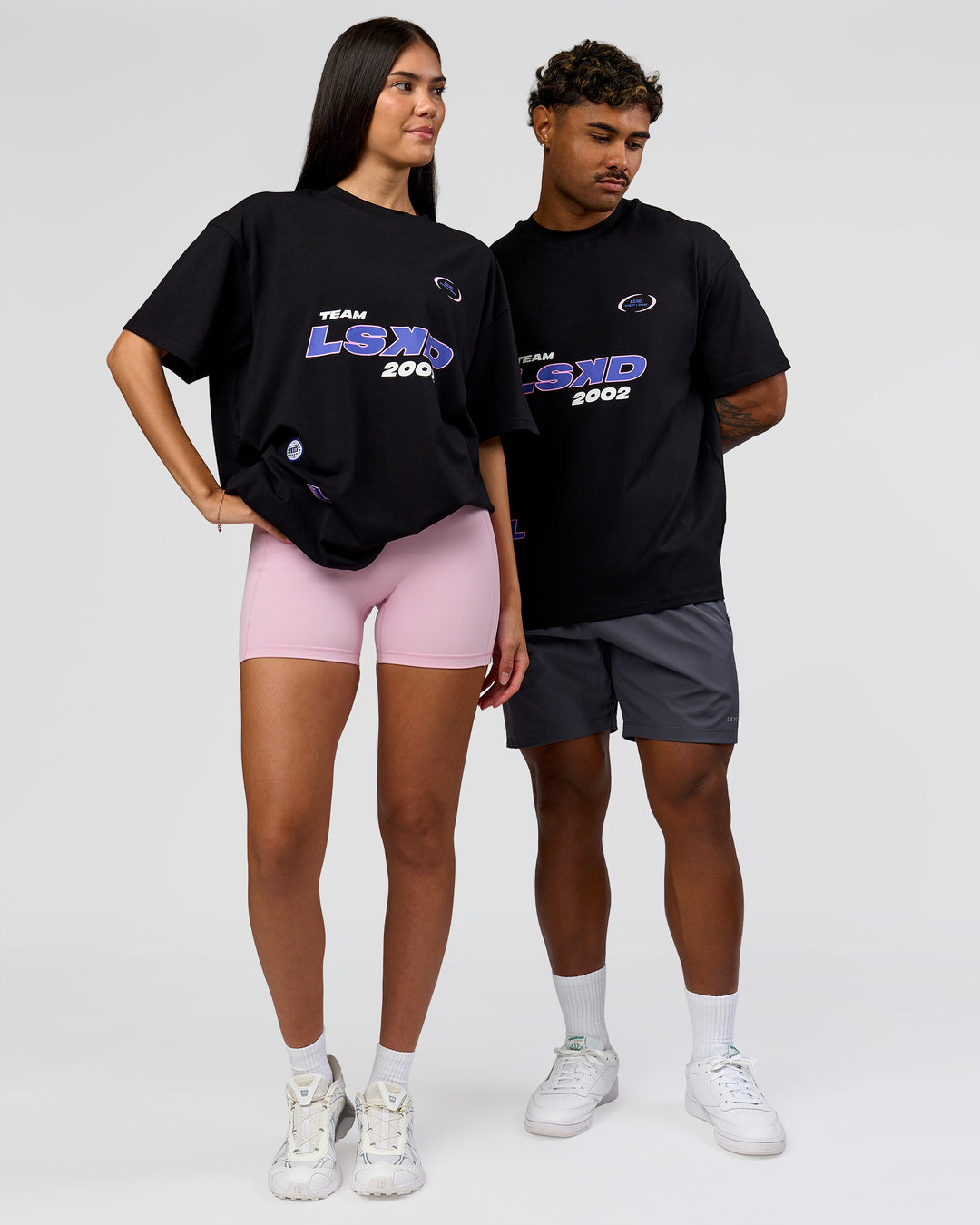 Duo wearing League Heavyweight FLXCotton Oversized Tee - Black-Power Cobalt | Model:Xav | Size:L | Model:Rhiley | Size:XS - view 11