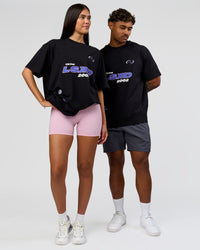 Duo wearing League Heavyweight FLXCotton Oversized Tee - Black-Power Cobalt | Model:Xav | Size:L | Model:Rhiley | Size:XS | Thumbnail Index: 10