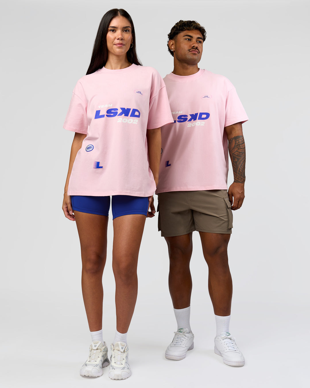 Duo wearing League Heavyweight FLXCotton Oversized Tee - Marshmallow-Power Cobalt | Model:Xav | Size:L | Model:Rhiley | Size:XS - view 5
