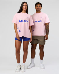 Duo wearing League Heavyweight FLXCotton Oversized Tee - Marshmallow-Power Cobalt | Model:Xav | Size:L | Model:Rhiley | Size:XS | Thumbnail Index: 9
