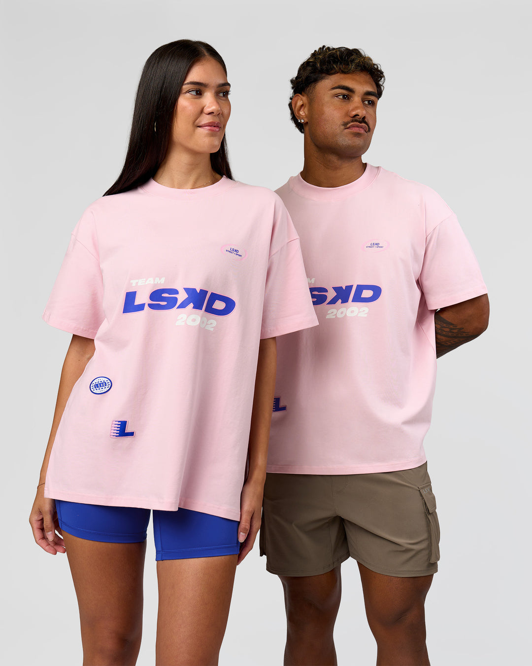 Duo wearing League Heavyweight FLXCotton Oversized Tee - Marshmallow-Power Cobalt | Model:Xav | Size:L | Model:Rhiley | Size:XS - view 15
