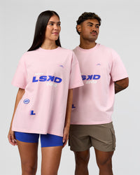 Duo wearing League Heavyweight FLXCotton Oversized Tee - Marshmallow-Power Cobalt | Model:Xav | Size:L | Model:Rhiley | Size:XS | Thumbnail Index: 14
