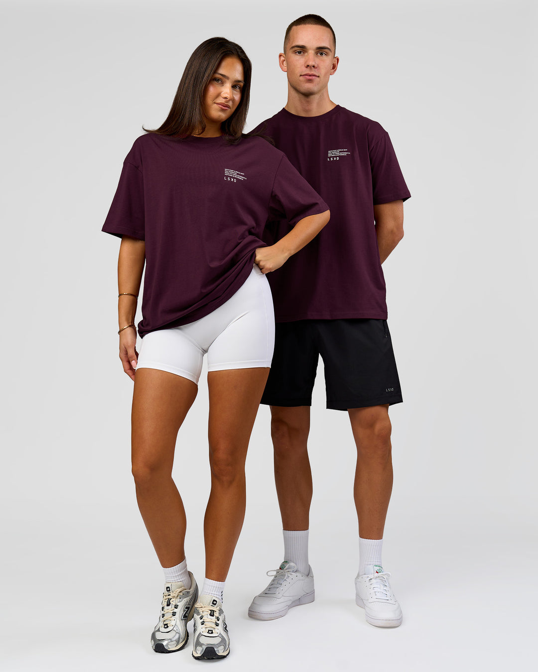 Duo wearing Coffee Run FLXCotton Oversized Tee - Cherry Lacquer-Black | Model:Albert | Size:M | Model:Bianca | Size:XS - view 10