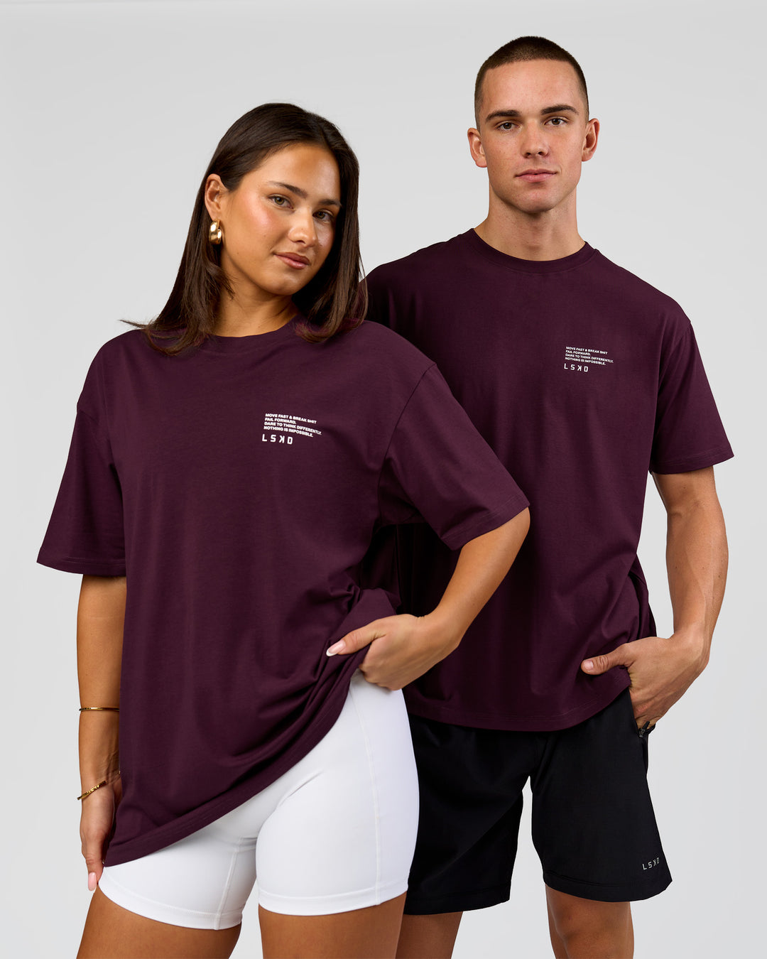 Duo wearing Coffee Run FLXCotton Oversized Tee - Cherry Lacquer-Black | Model:Albert | Size:M | Model:Bianca | Size:XS - view 13