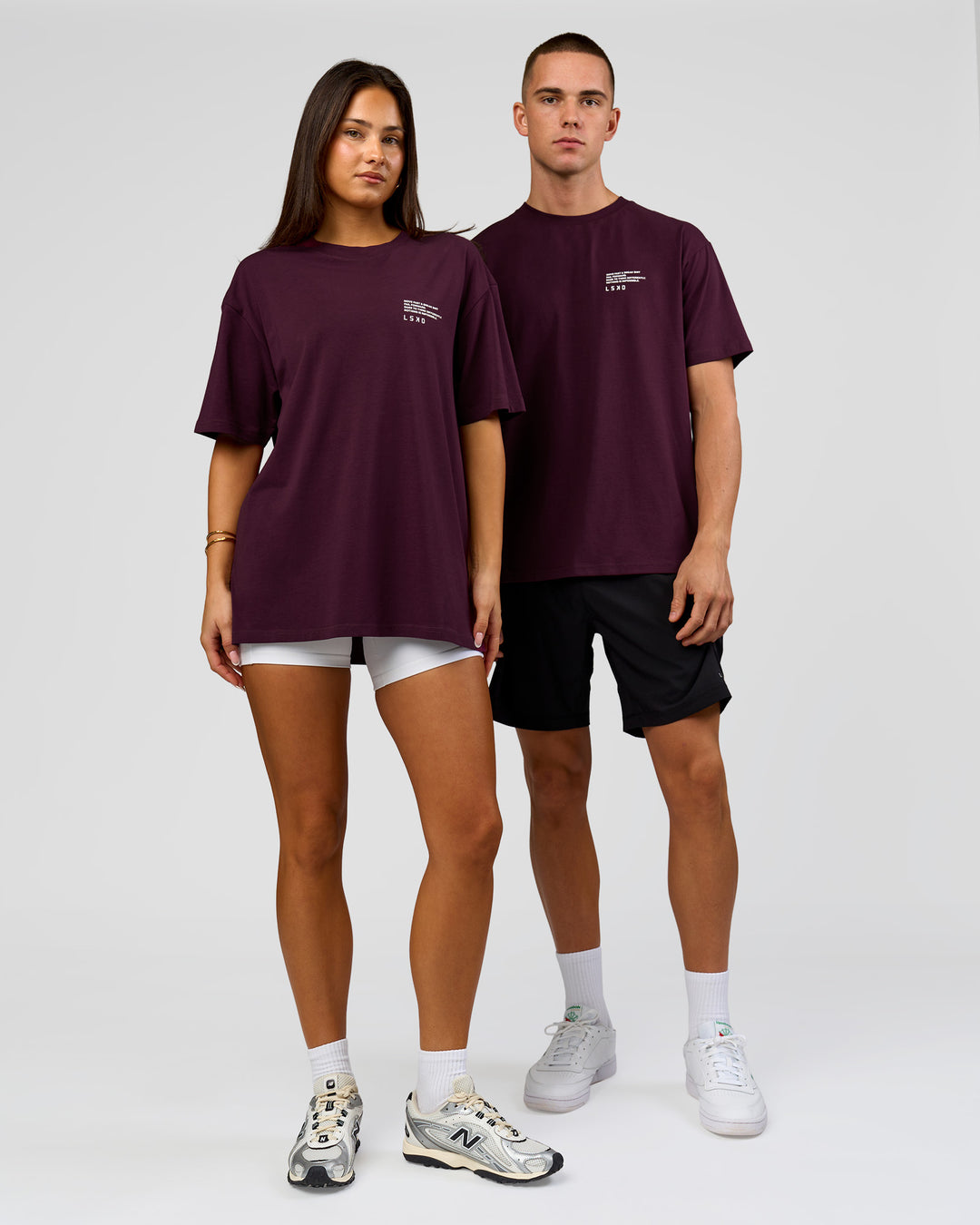Duo wearing Coffee Run FLXCotton Oversized Tee - Cherry Lacquer-Black | Model:Albert | Size:M | Model:Bianca | Size:XS - view 16