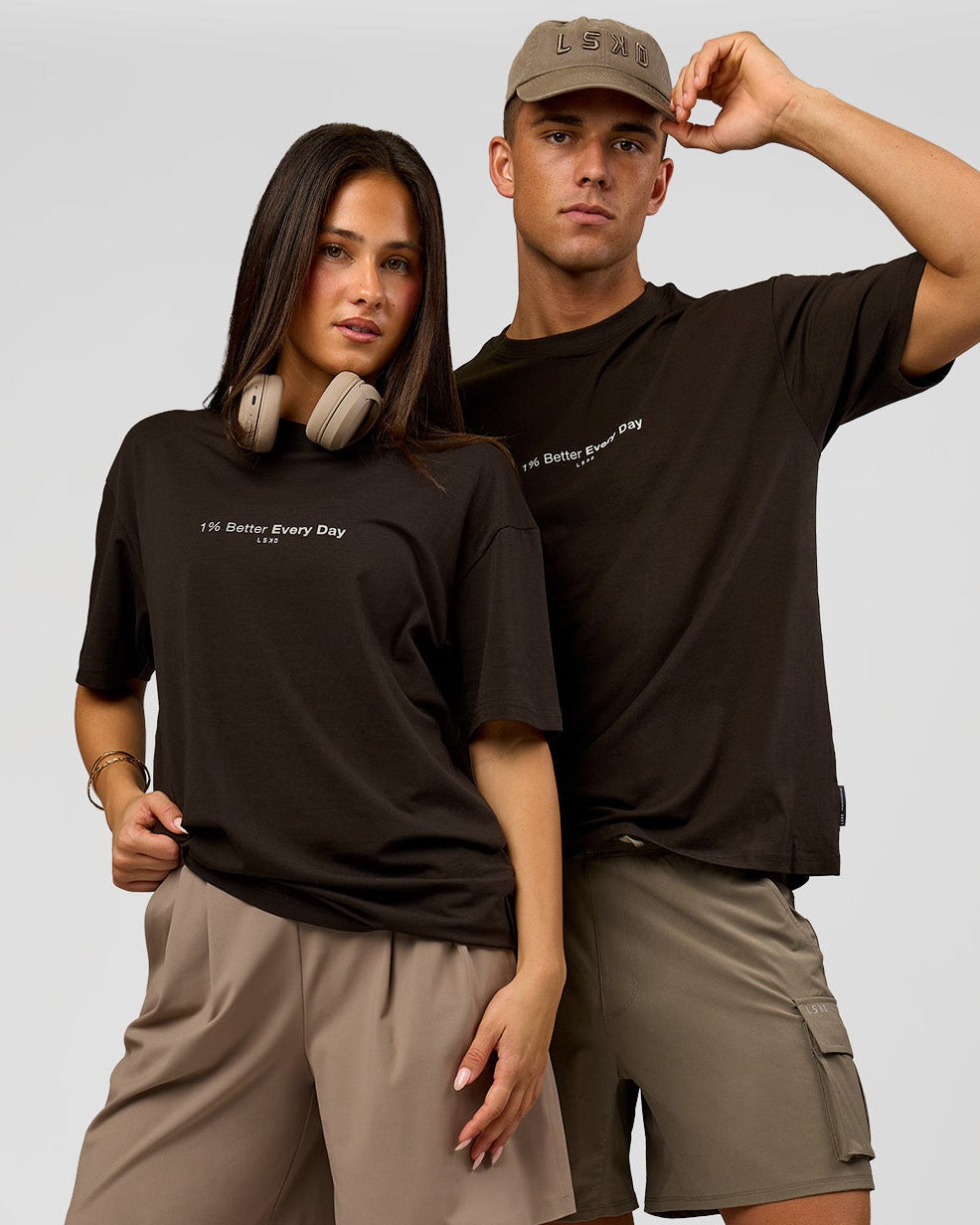 Duo wearing VS6 1% Better FLXCotton Oversize Tee - Ground Coffee | Model:Albert | Size:M | Model:Bianca | Size:XS