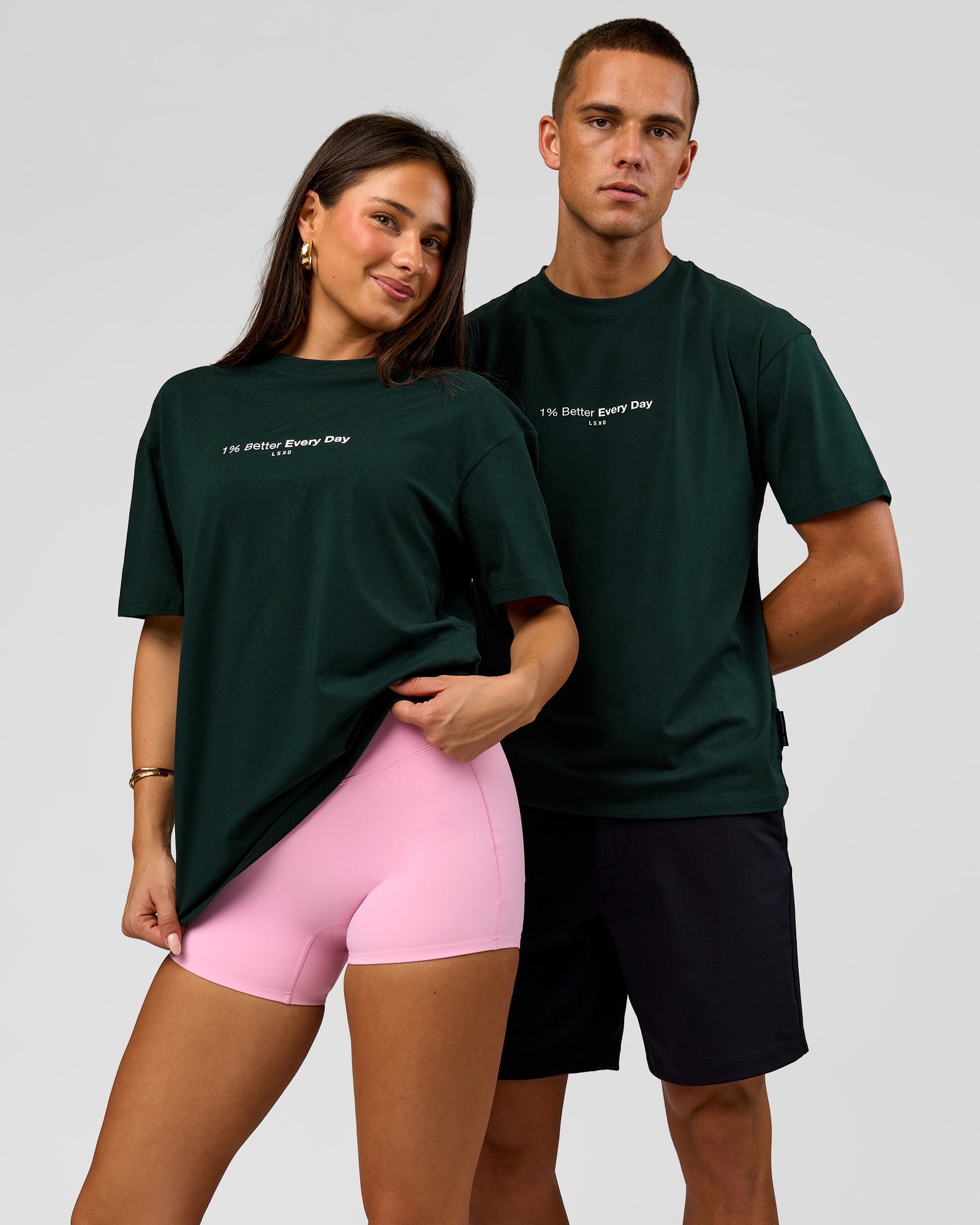 Duo wearing VS6 1% Better FLXCotton Oversize Tee - Midnight Green | Model:Albert | Size:M | Model:Bianca | Size:XS