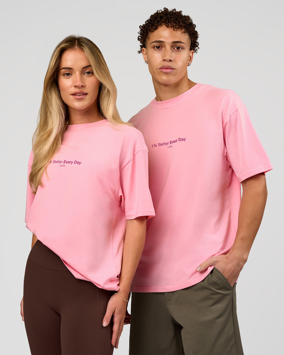 Duo wearing VS6 1% Better FLXCotton Oversize Tee - Pink Rose | Model:Leandro | Size:M | Model:Issy | Size:XS - view 1