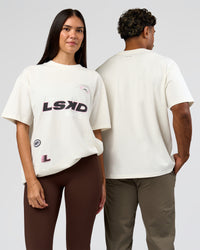 Duo wearing League Heavyweight FLXCotton Oversized Tee - Off White-Ground Coffee | Model:Xs | Size:L | Model:League | Size:RHILEY | Thumbnail Index: 6