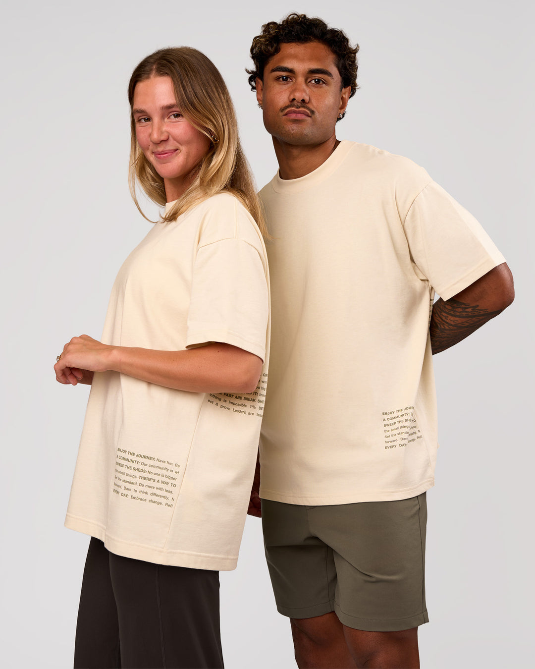 Duo wearing Block Heavyweight Oversized Tee  - Vanilla Bean | Model:Amity | Size:S | Model:Xav | Size:L - view 1