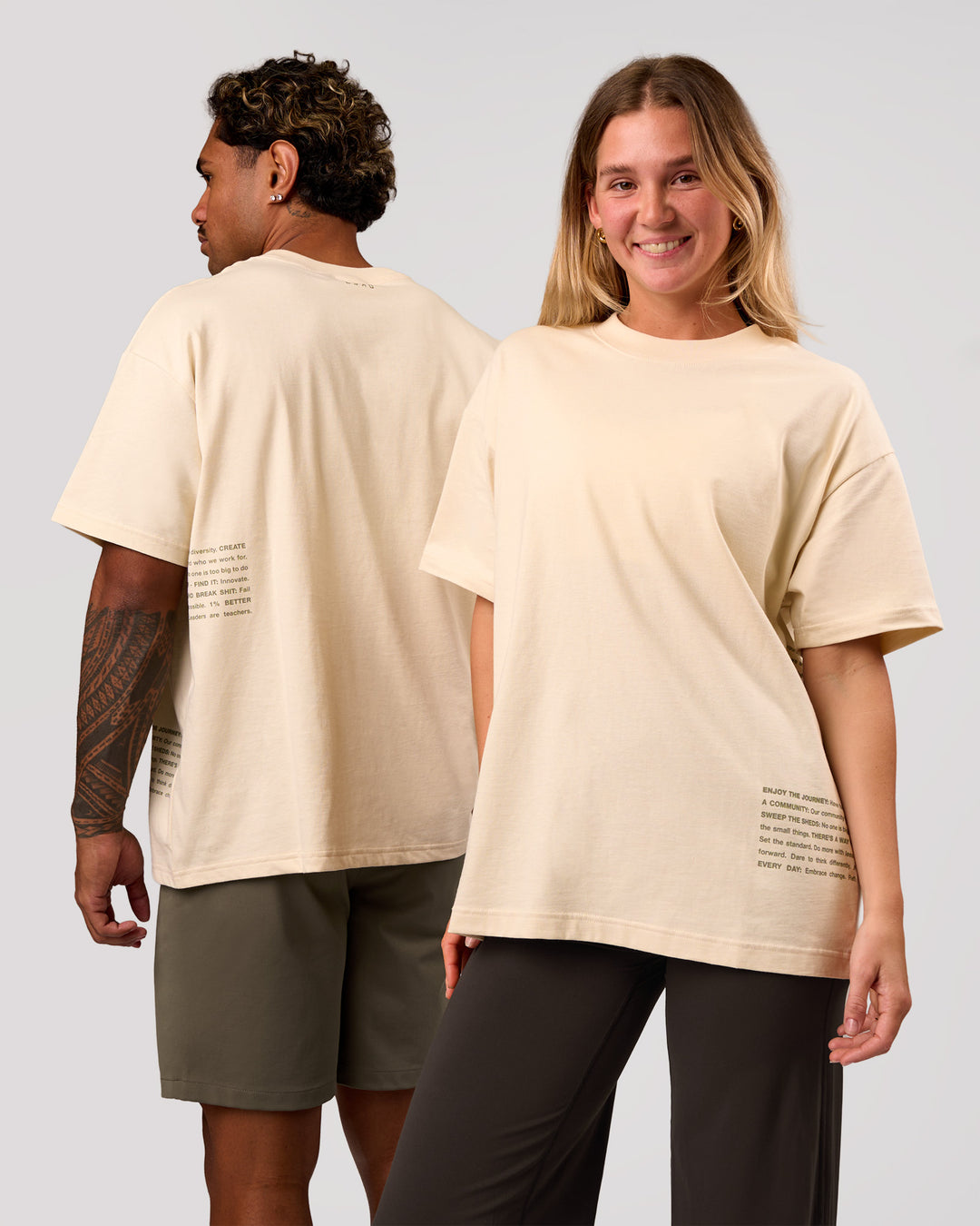 Duo wearing Block Heavyweight Oversized Tee  - Vanilla Bean | Model:Amity | Size:S | Model:Xav | Size:L - view 4