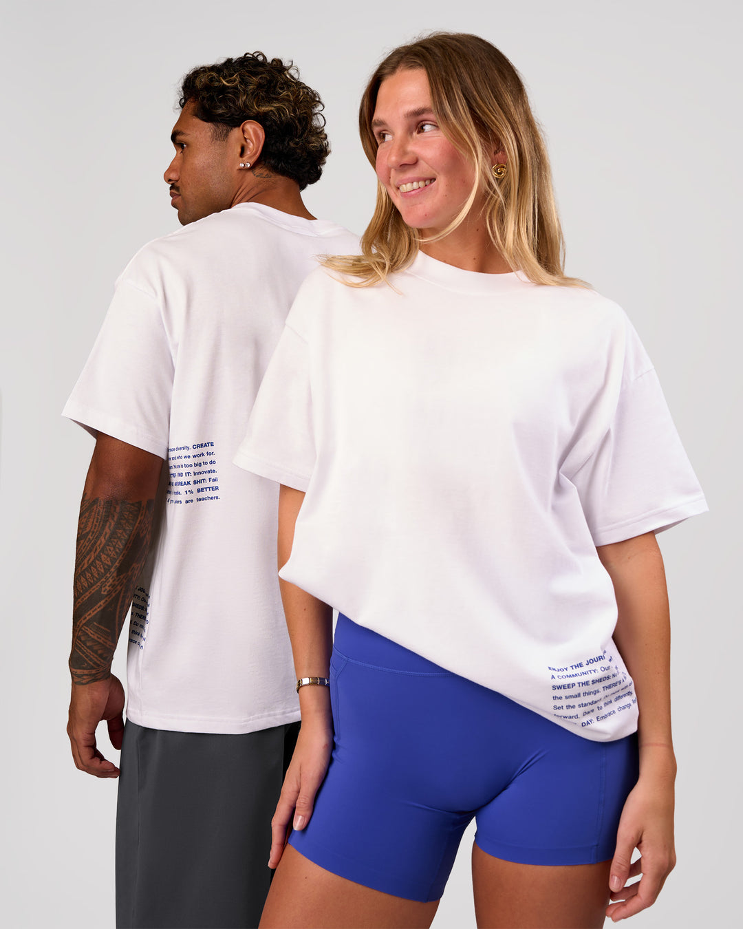 Duo wearing Block Heavyweight Oversized Tee  - White-Power Cobalt | Model:Amity | Size:S | Model:Xav | Size:L - view 1