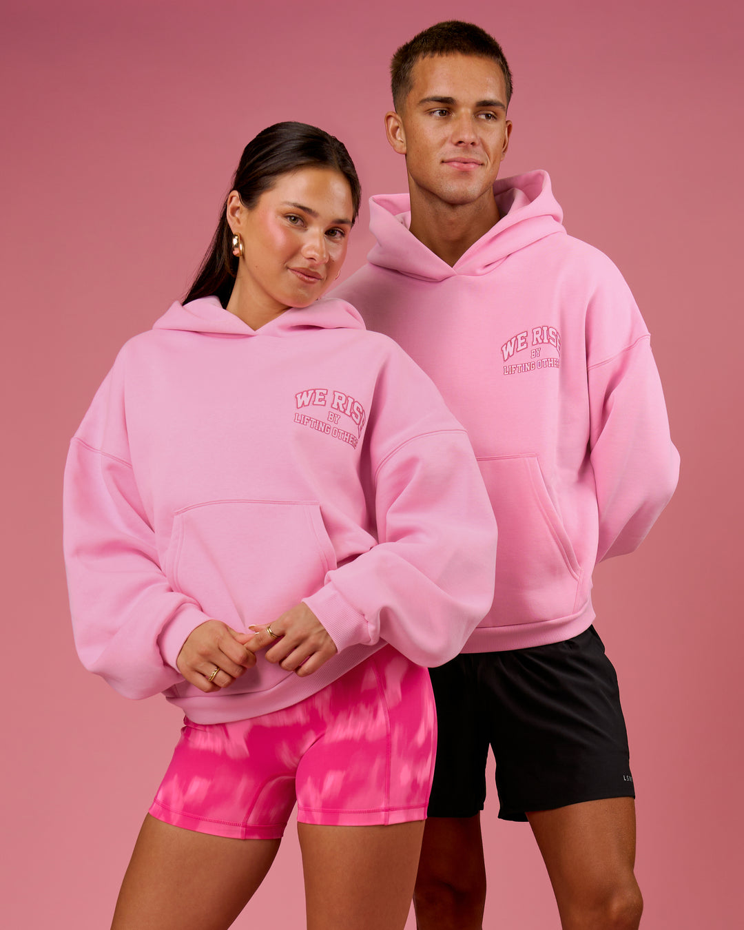 Duo wearing BCAM Heavyweight Boxy Hoodie - Pink Rose | Model:Bianca | Size:S | Model:Albert | Size:M - view 14