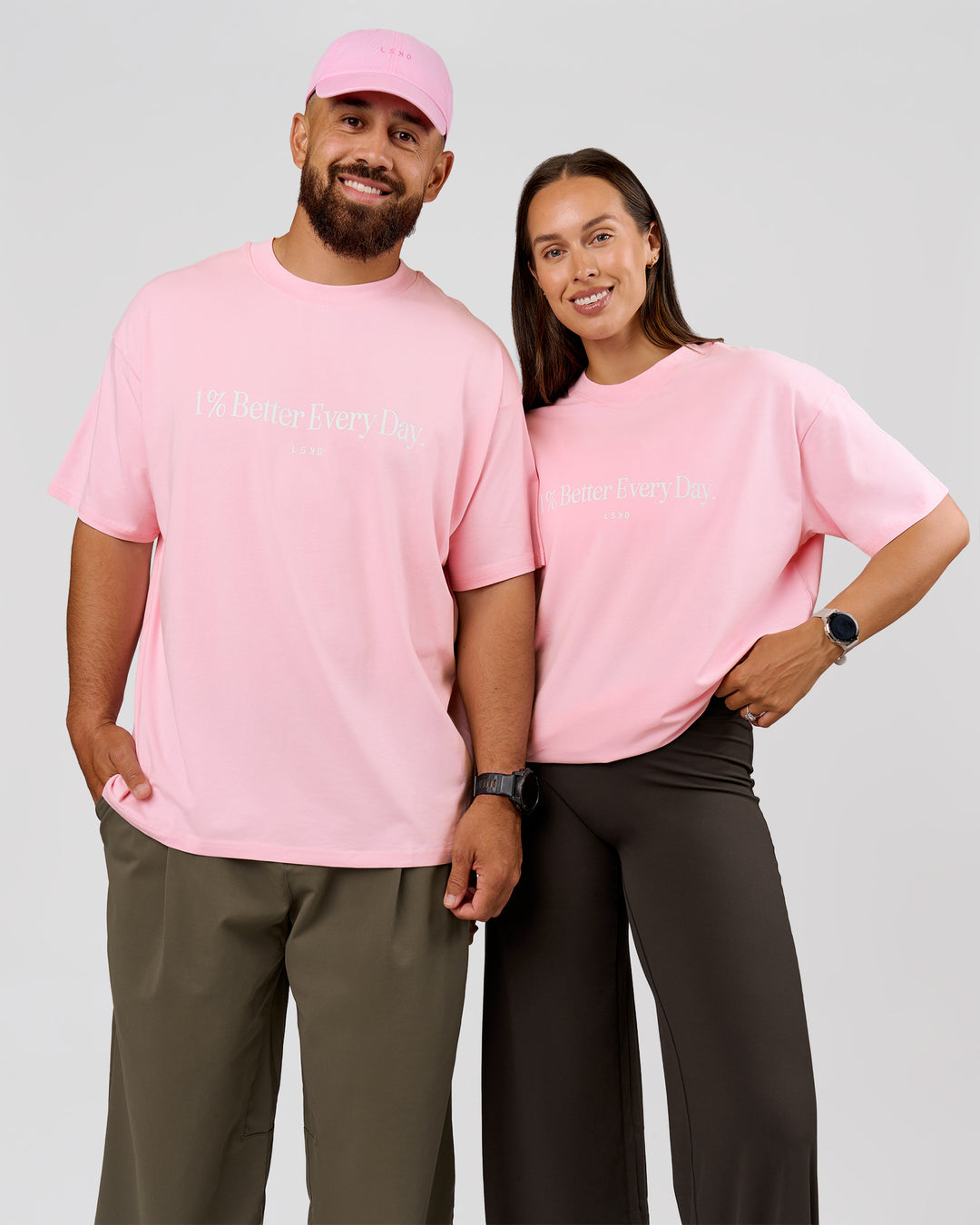 Duo wearing VS6 1% Better Fathers Day FLXCotton Oversized Tee - Marshmallow | Model:Jess | Size:S | Model:Jordan | Size:XL - view 13