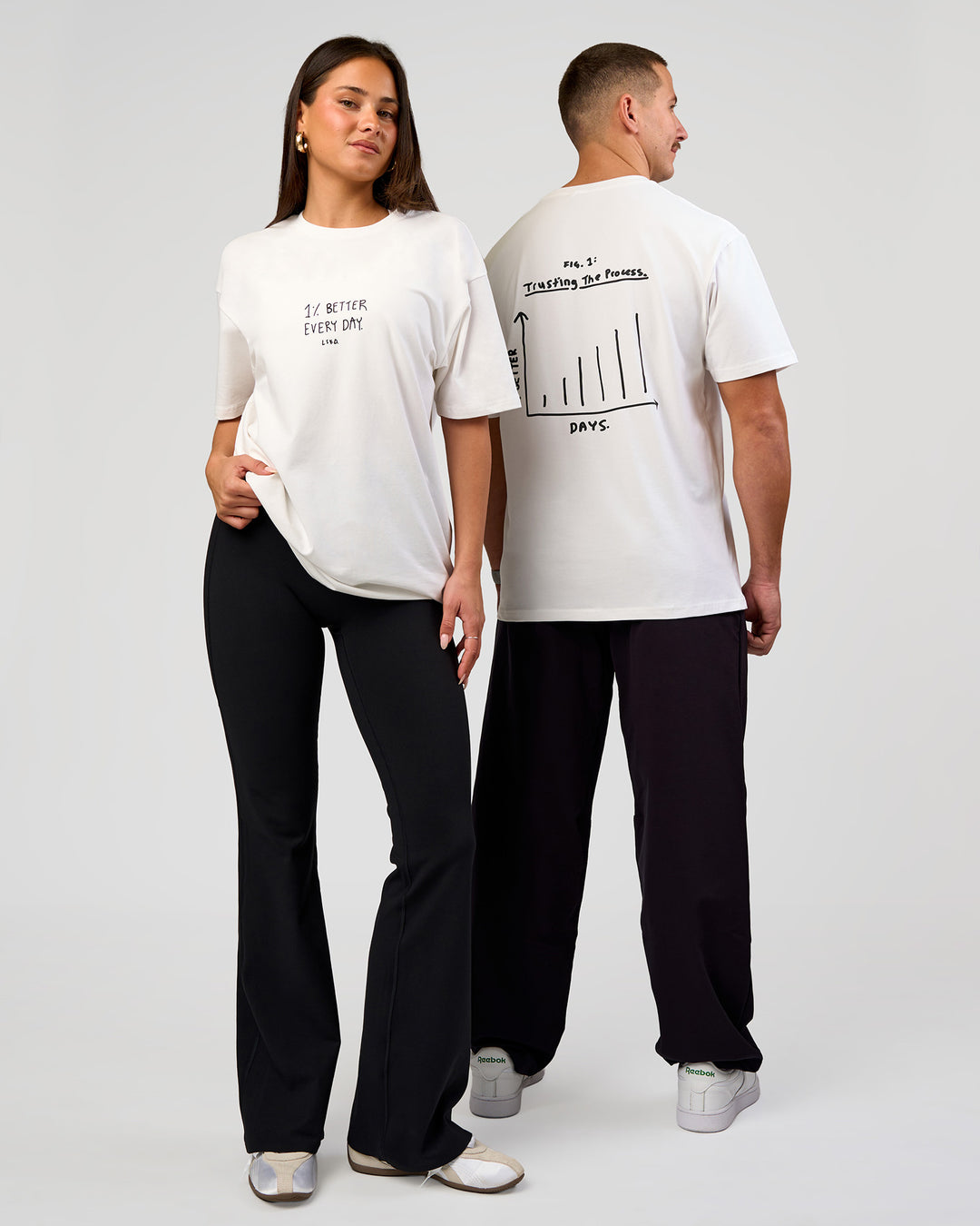 Duo wearing Andrew J. Steel x LSKD Heavyweight FLXCotton Oversized Tee - White | Model:Bianca | Size:XS | Model:Jaiden | Size:L - view 1