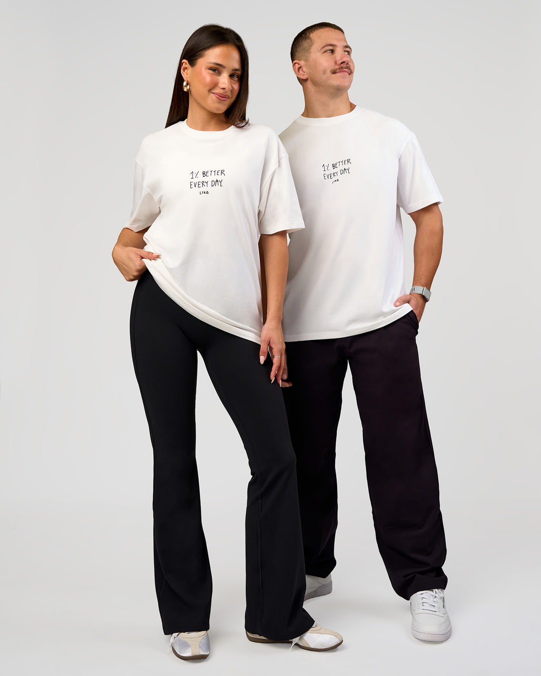 Duo wearing Andrew J. Steel x LSKD Heavyweight FLXCotton Oversized Tee - White | Model:Bianca | Size:XS | Model:Jaiden | Size:L - view 6