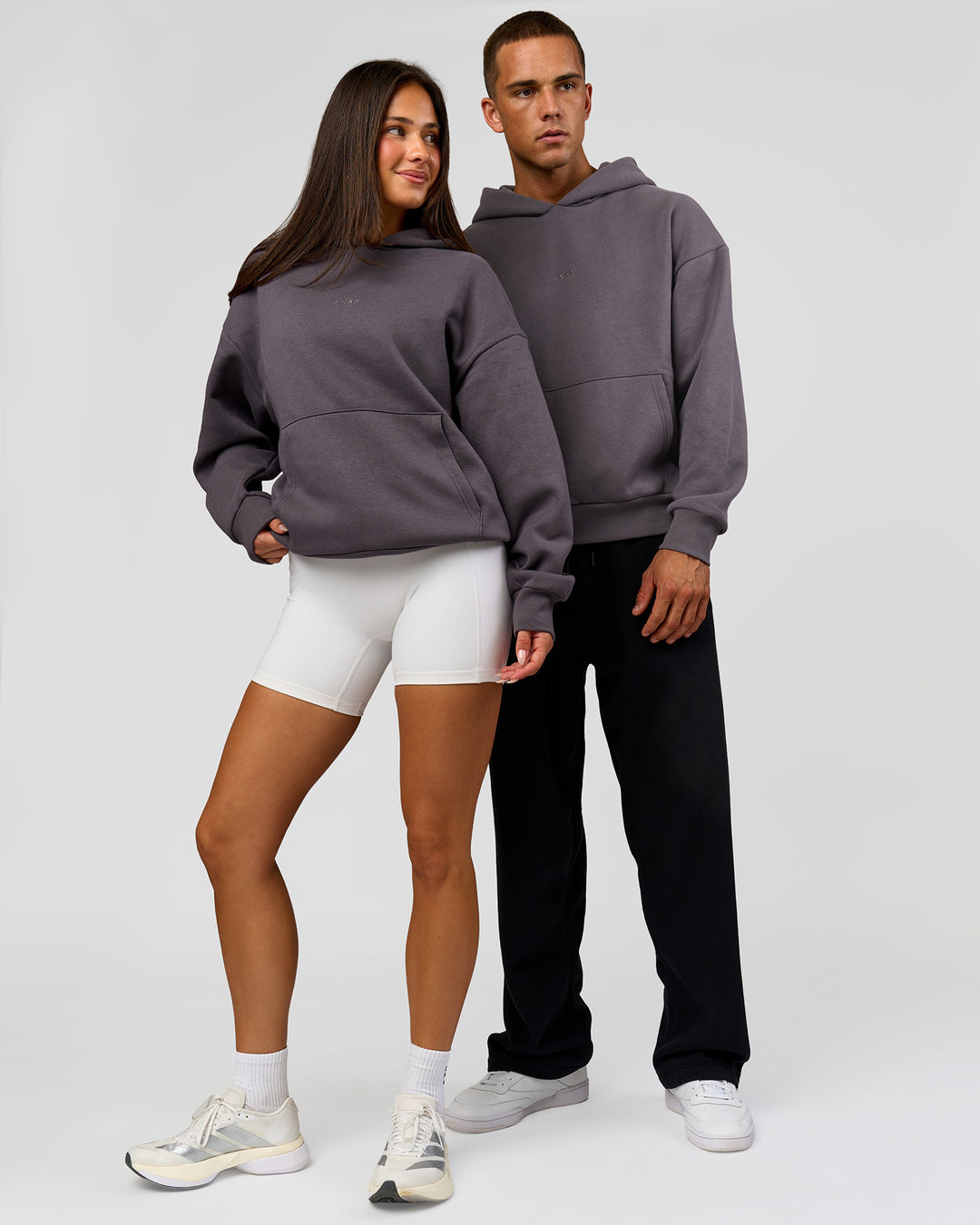 Duo wearing Base Oversized Hoodie - Duskstone | Model:Bianca | Size:XS | Model:Albert | Size:M - view 2