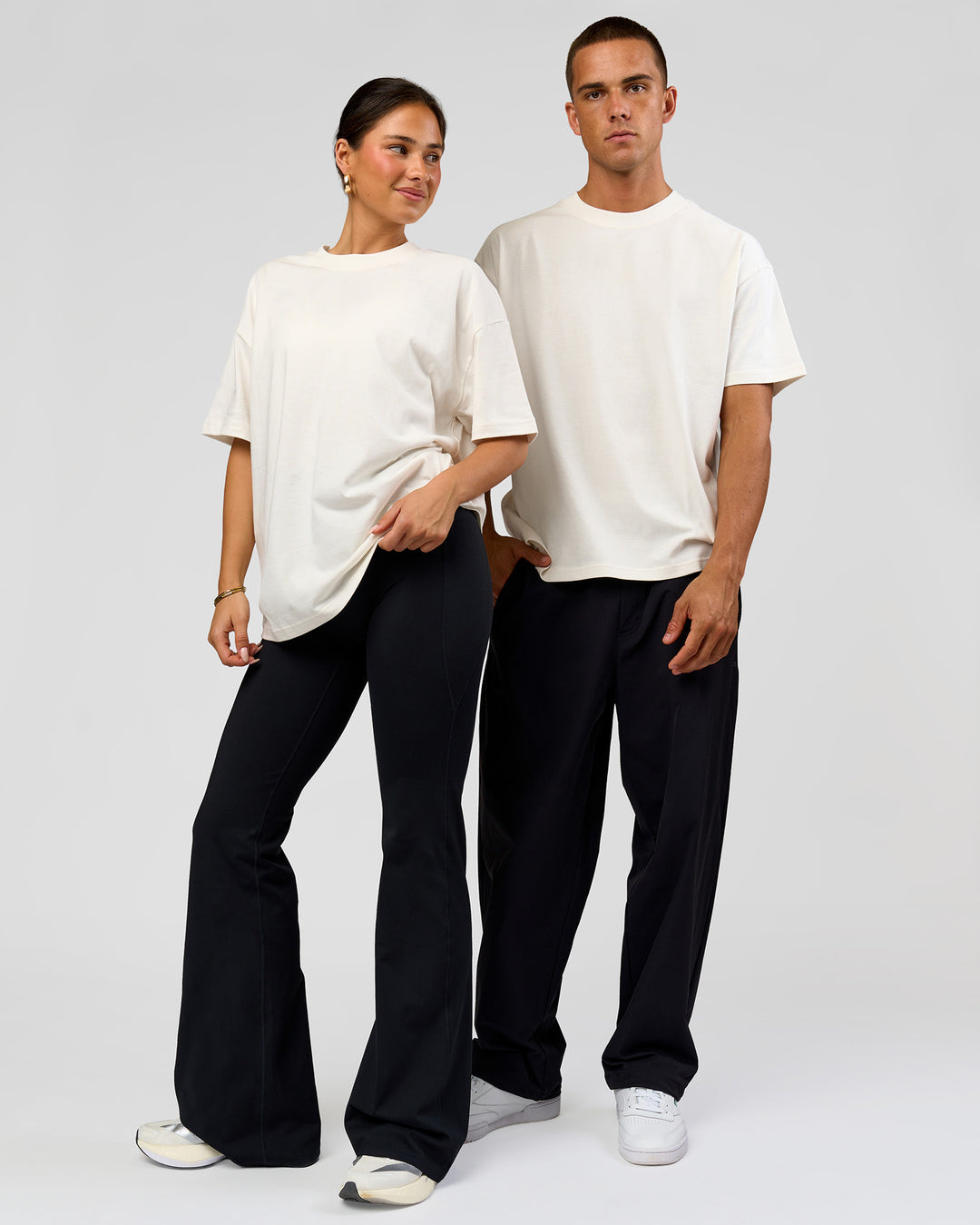 Duo wearing Tonal Legacy Heavyweight Oversized Tee - Off White-Off White | Model:Bianca | Size:XS | Model:Albert | Size:M - view 4