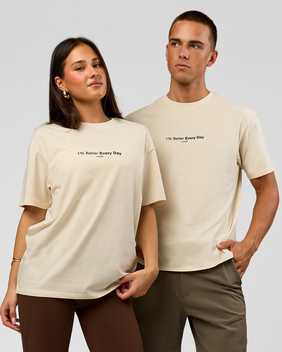 Duo wearing VS6 1% Better FLXCotton Oversize Tee - Vanilla Bean | Model:Bianca | Size:XS | Model:Albert | Size:M