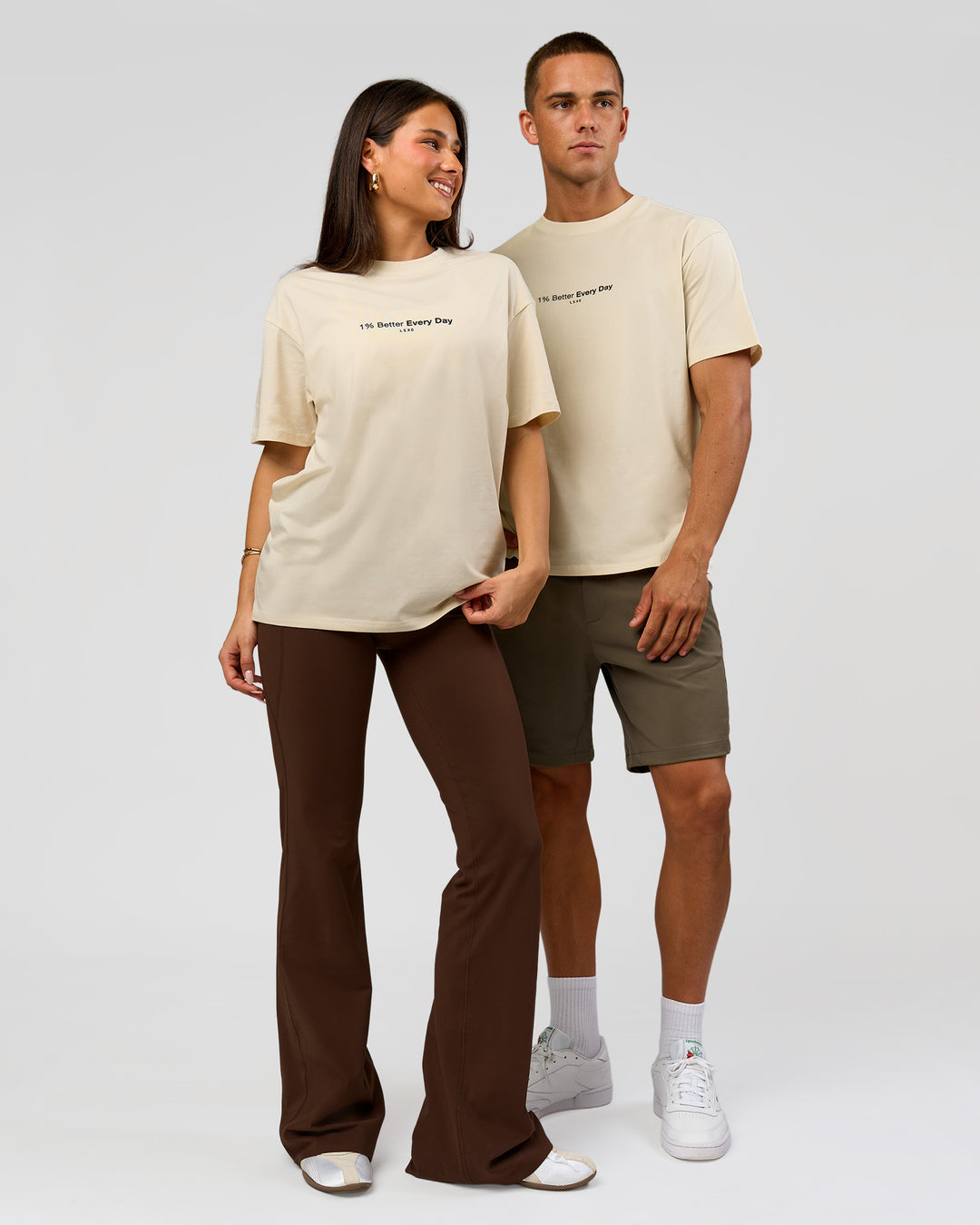 Duo wearing VS6 1% Better FLXCotton Oversize Tee - Vanilla Bean | Model:Bianca | Size:XS | Model:Albert | Size:M - view 4