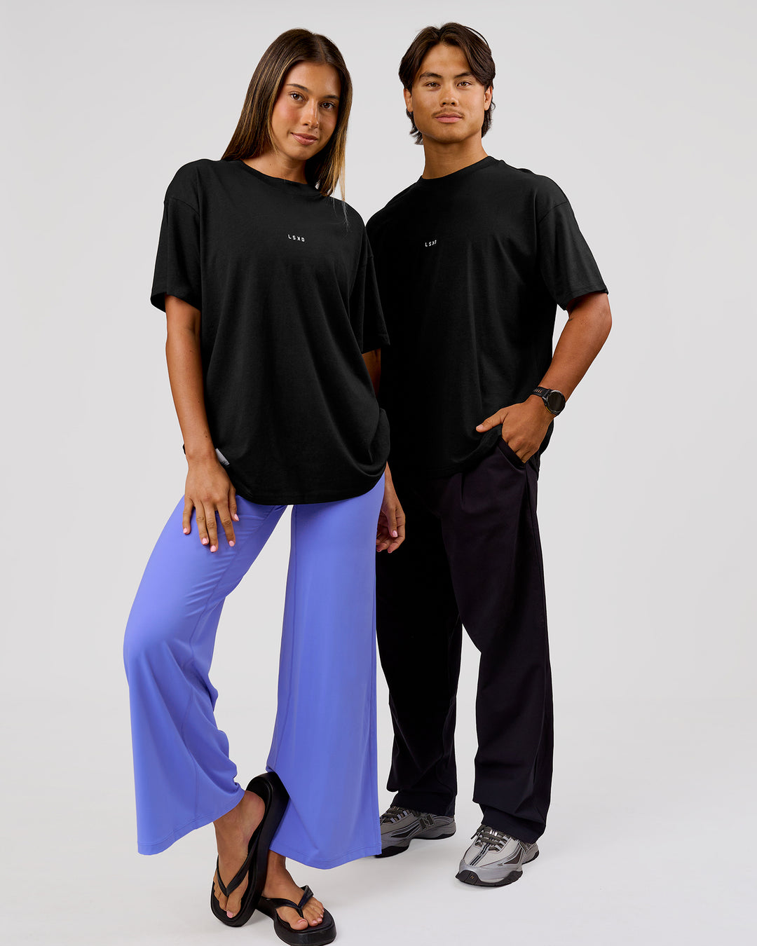 Duo wearing VS26 1% Better FLXCotton Oversize Tee - Black-White | Model:Charli | Size:XS | Model:George | Size:M - view 7