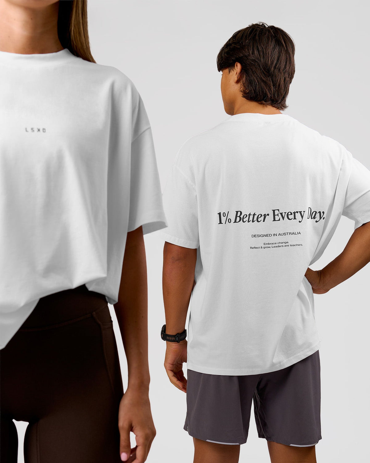 Duo wearing VS26 1% Better FLXCotton Oversize Tee - White-Black | Model:Charli | Size:XS | Model:George | Size:M - view 1