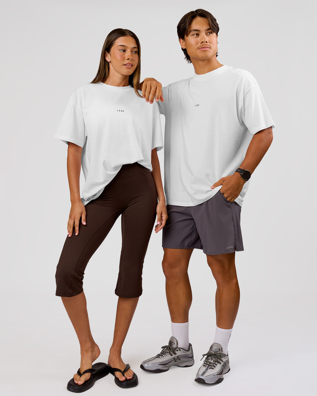 Duo wearing VS26 1% Better FLXCotton Oversize Tee - White-Black | Model:Charli | Size:XS | Model:George | Size:M - view 7
