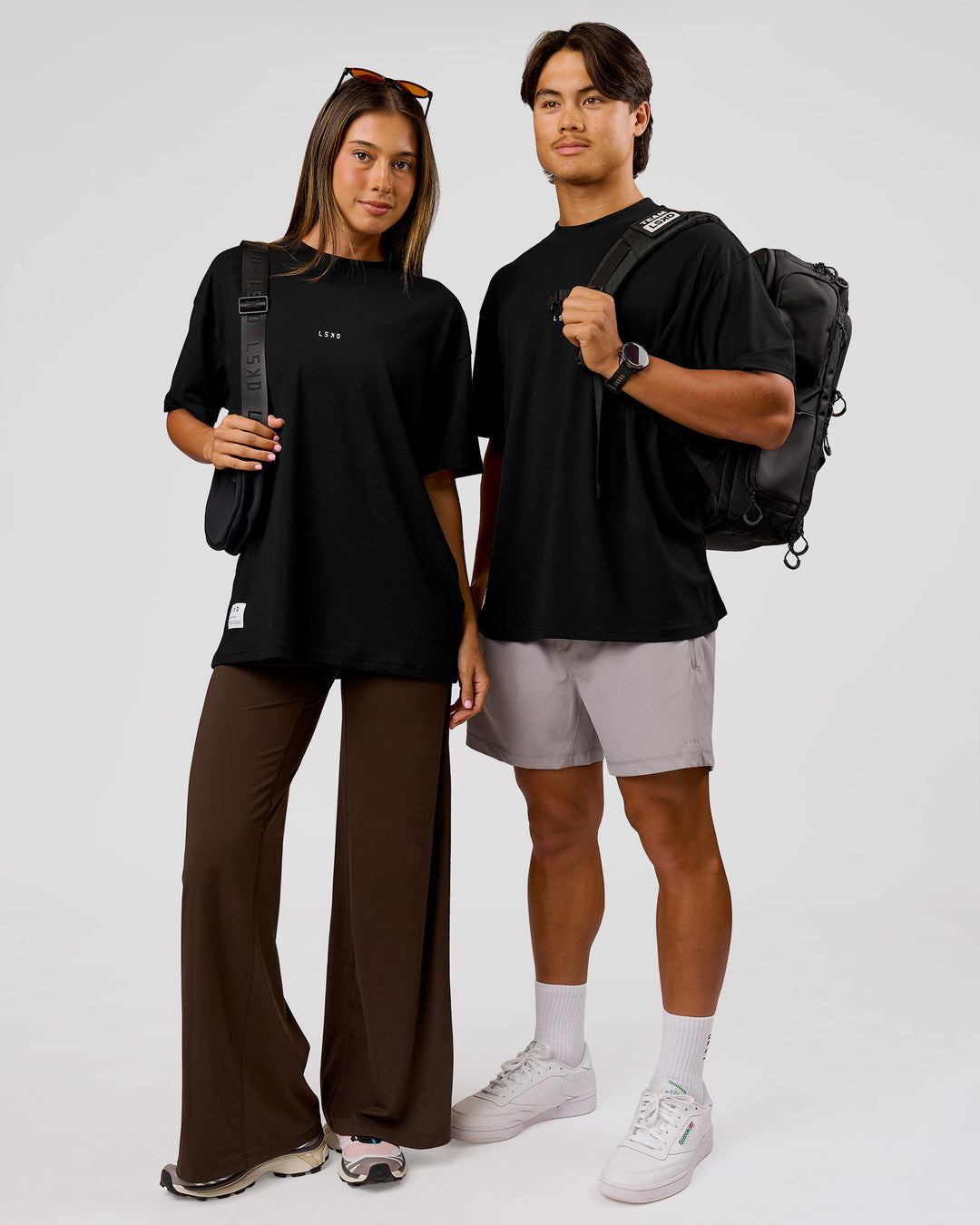 Duo wearing VS26 MFBS FLXCotton Oversize Tee - Black-White | Model:Charli | Size:XS | Model:George | Size:M - view 4