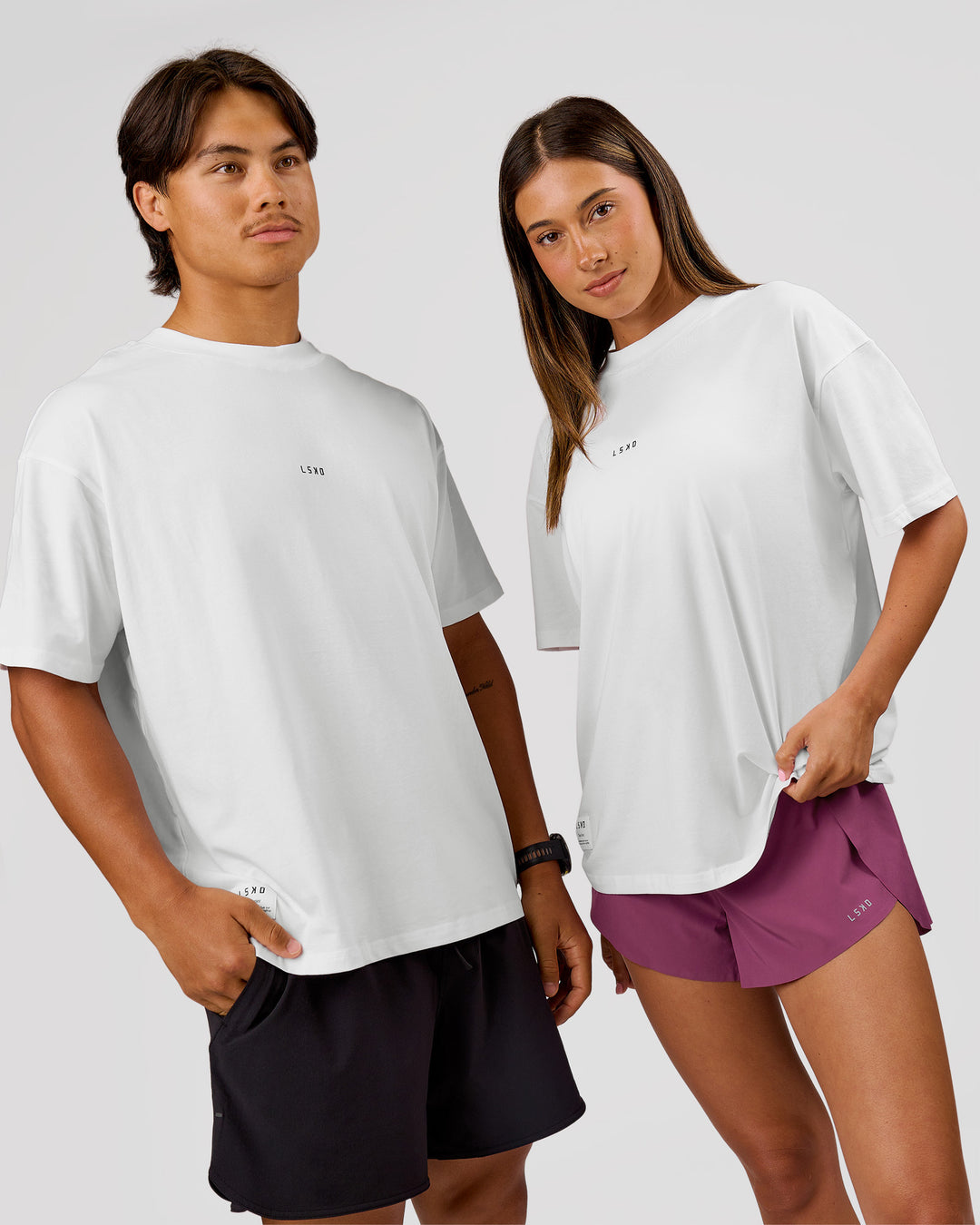 Duo wearing VS26 MFBS FLXCotton Oversize Tee - White-Black | Model:Charli | Size:XS | Model:George | Size:M - view 4