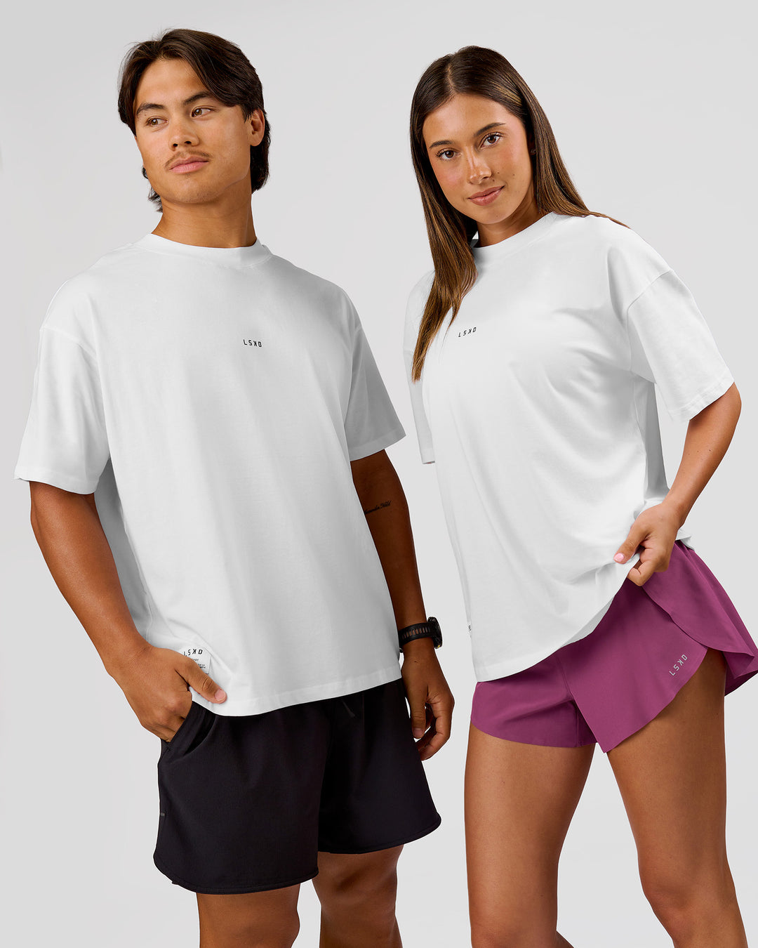 Duo wearing VS26 MFBS FLXCotton Oversize Tee - White-Black | Model:Charli | Size:XS | Model:George | Size:M - view 7