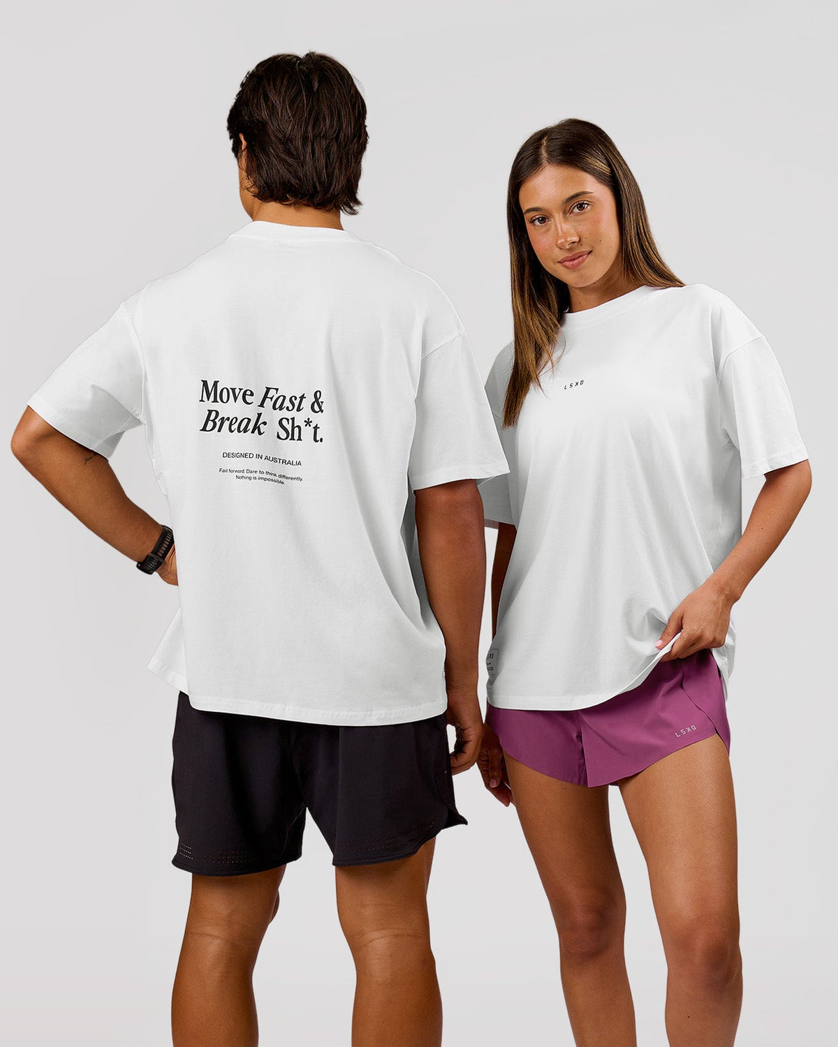 Duo wearing VS26 MFBS FLXCotton Oversize Tee - White-Black | Model:Charli | Size:XS | Model:George | Size:M - view 1