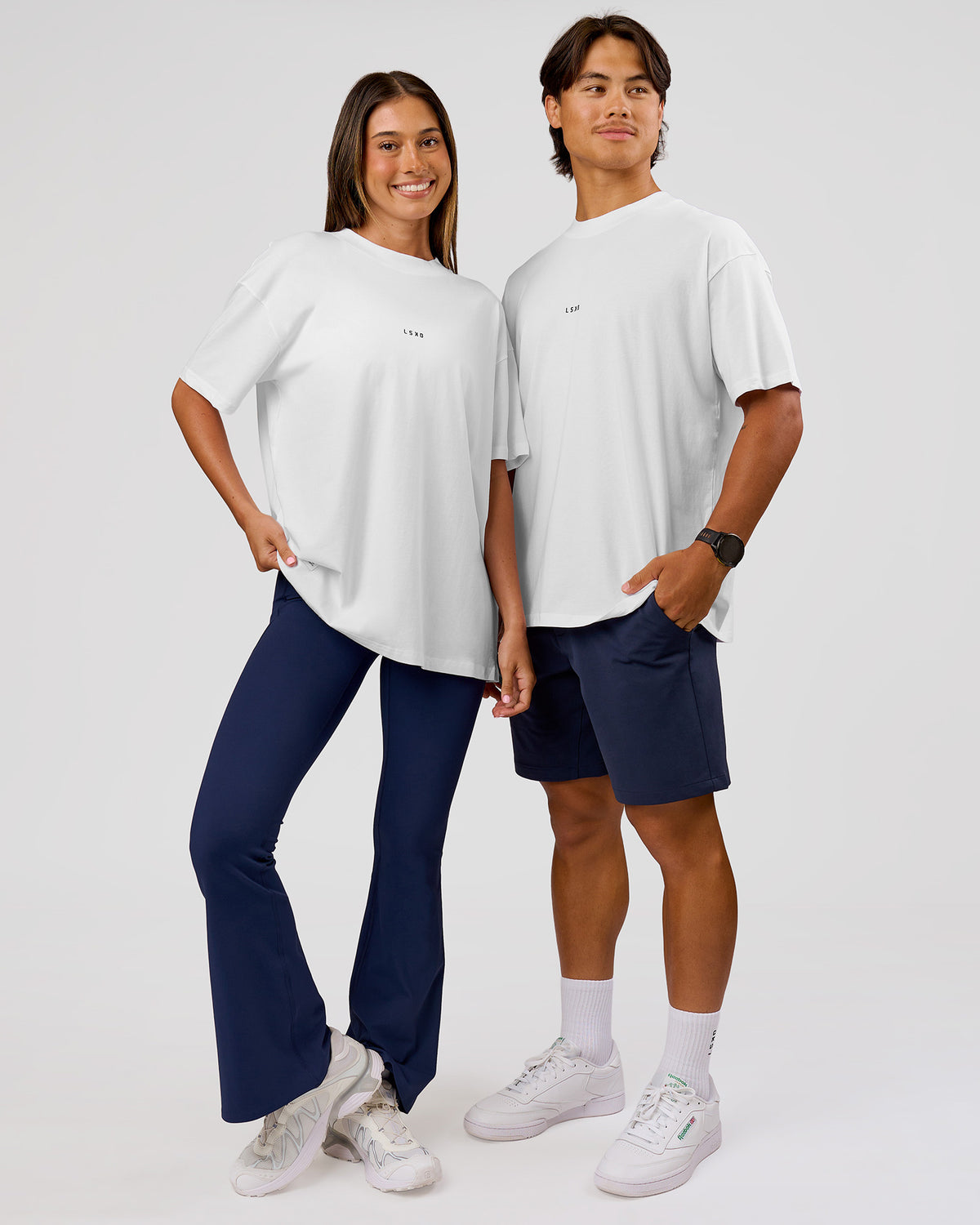 Duo wearing VS26 Journey FLXCotton Oversize Tee - White-Black | Model:Charli | Size:XS | Model:Journey | Size:VS26 - view 2